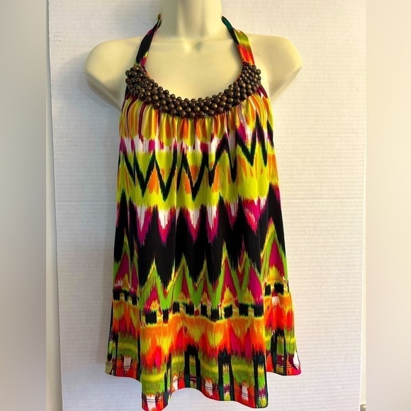 Calvin Klein summer bright color halter top blouse with bead accent Sz S.  Q3 - Picture 1 of 8